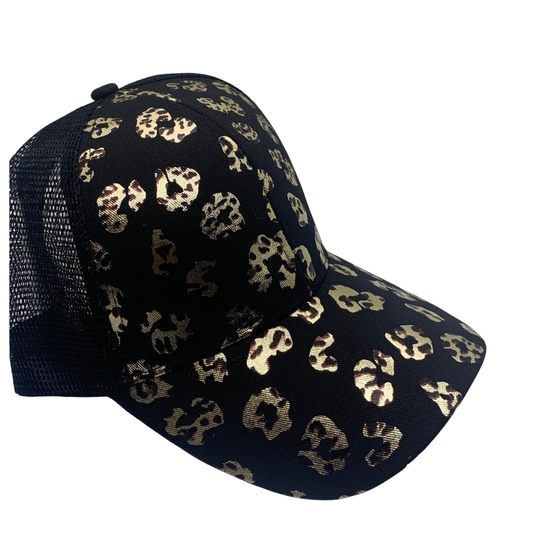 Gold Metallic Leopard Mesh Trucker Hat