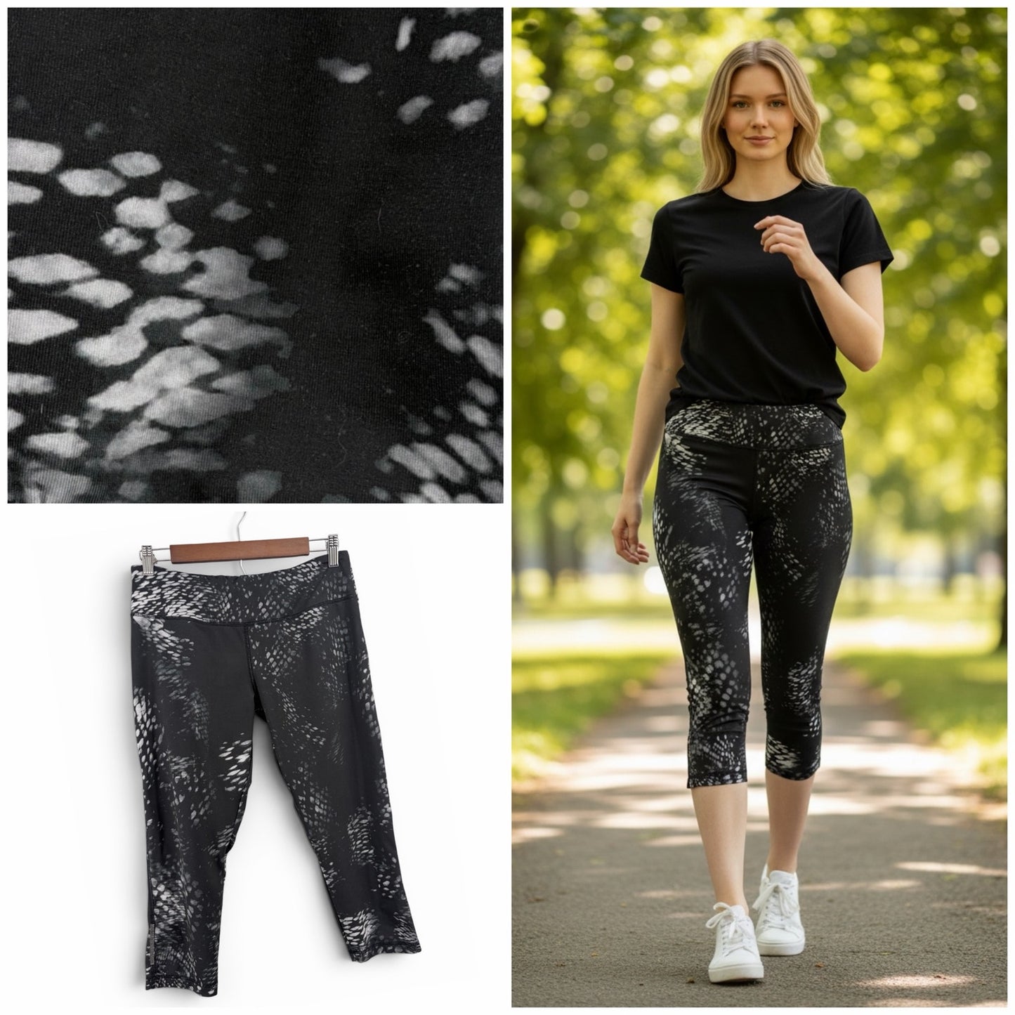 Pink Lotus Capri Workout Leggings Women’s Medium Black White Activewear