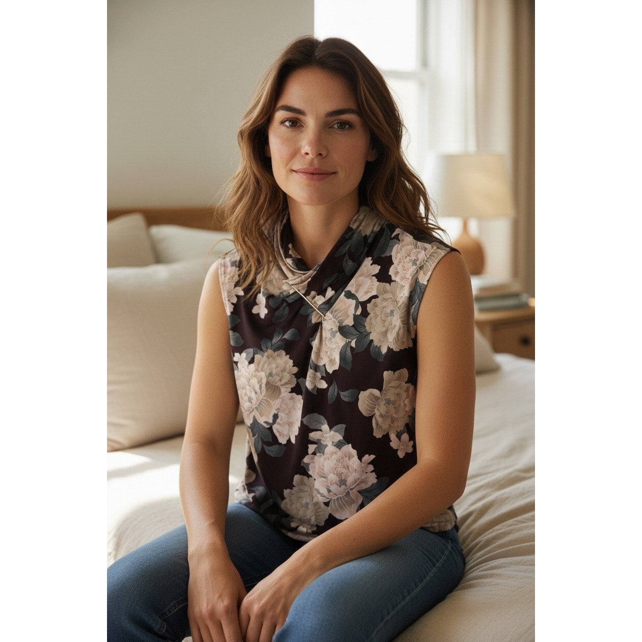 Calvin Klein Sleeveless Floral Blouse Women’s Medium Mock Neck Career Top
