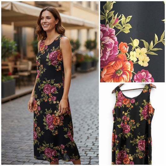 Vintage 90s Olivia Rose Floral Maxi Dress Black Sleeveless Size 14P