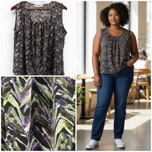 collage showing colorful tank, upclose view of pattern (paint style) and model wearing top