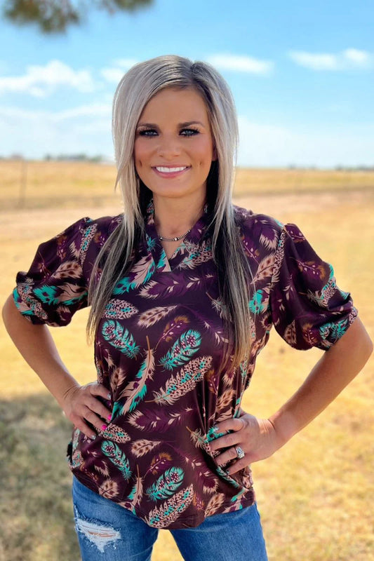 Feather Rain Brown Blouse Western Top